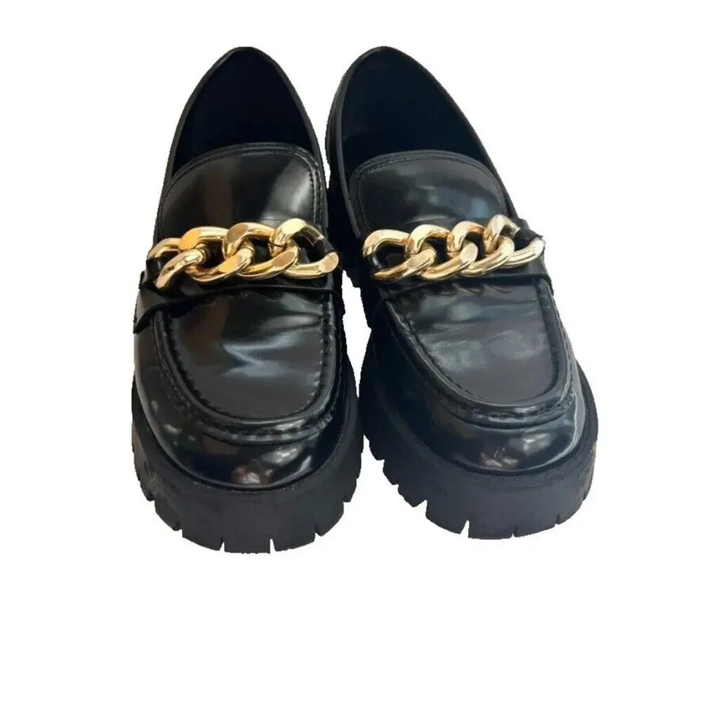 Guess Shoes Loafers Womens 8M Black Gold Tone Chain Lug Sole Chunky Platform